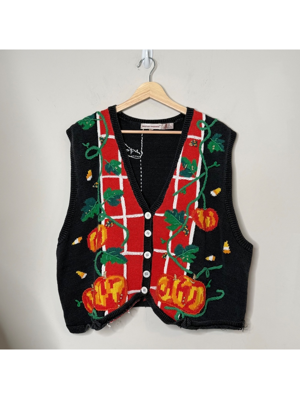 Vintage Lauren Hansen Halloween Pumpkin Sweater Vest Black Orange Novelty Knit